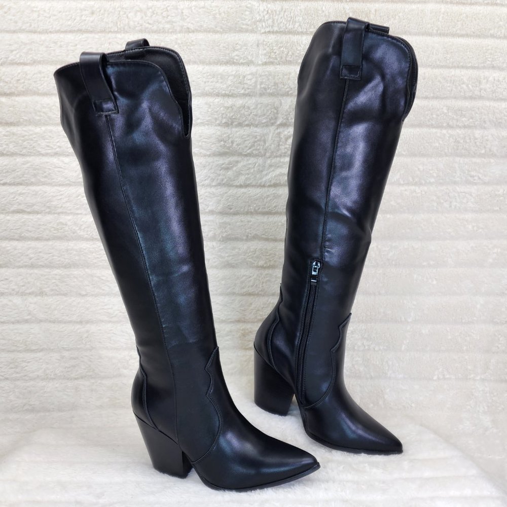 Country Rocker Black Vegan Leather Western Cowgirl Cowboy Knee Boots